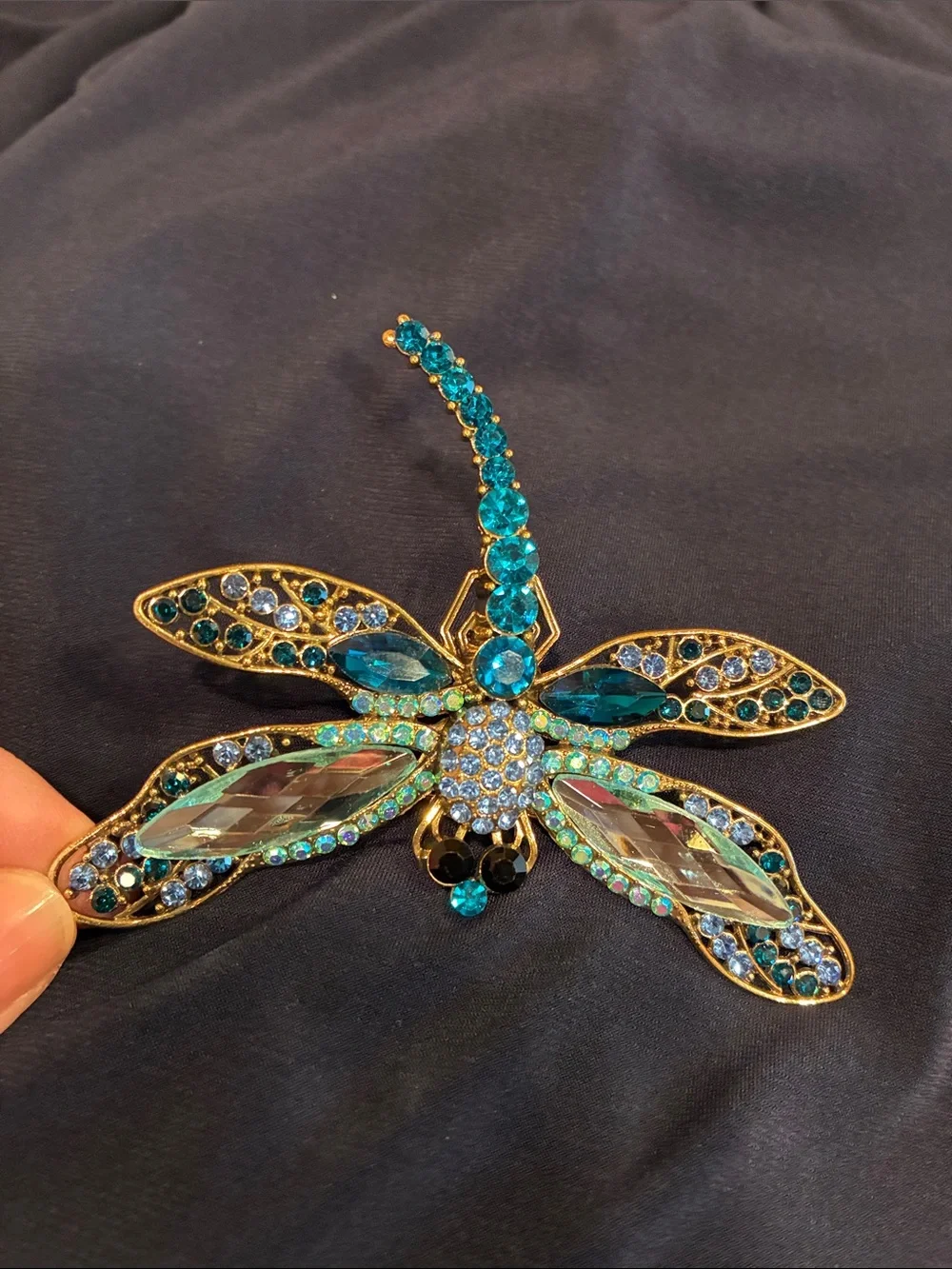 Large Blue Dragonfly Brooch - Rhinestone and Crystal and Gold Tones (ABBA) - Picture 4 of 16